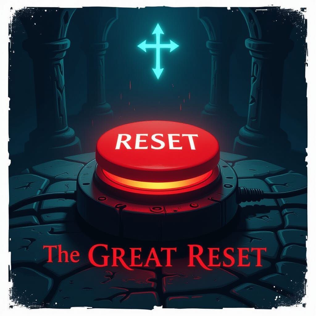 Ominous Red Button Labeled Reset in Mystical Setting