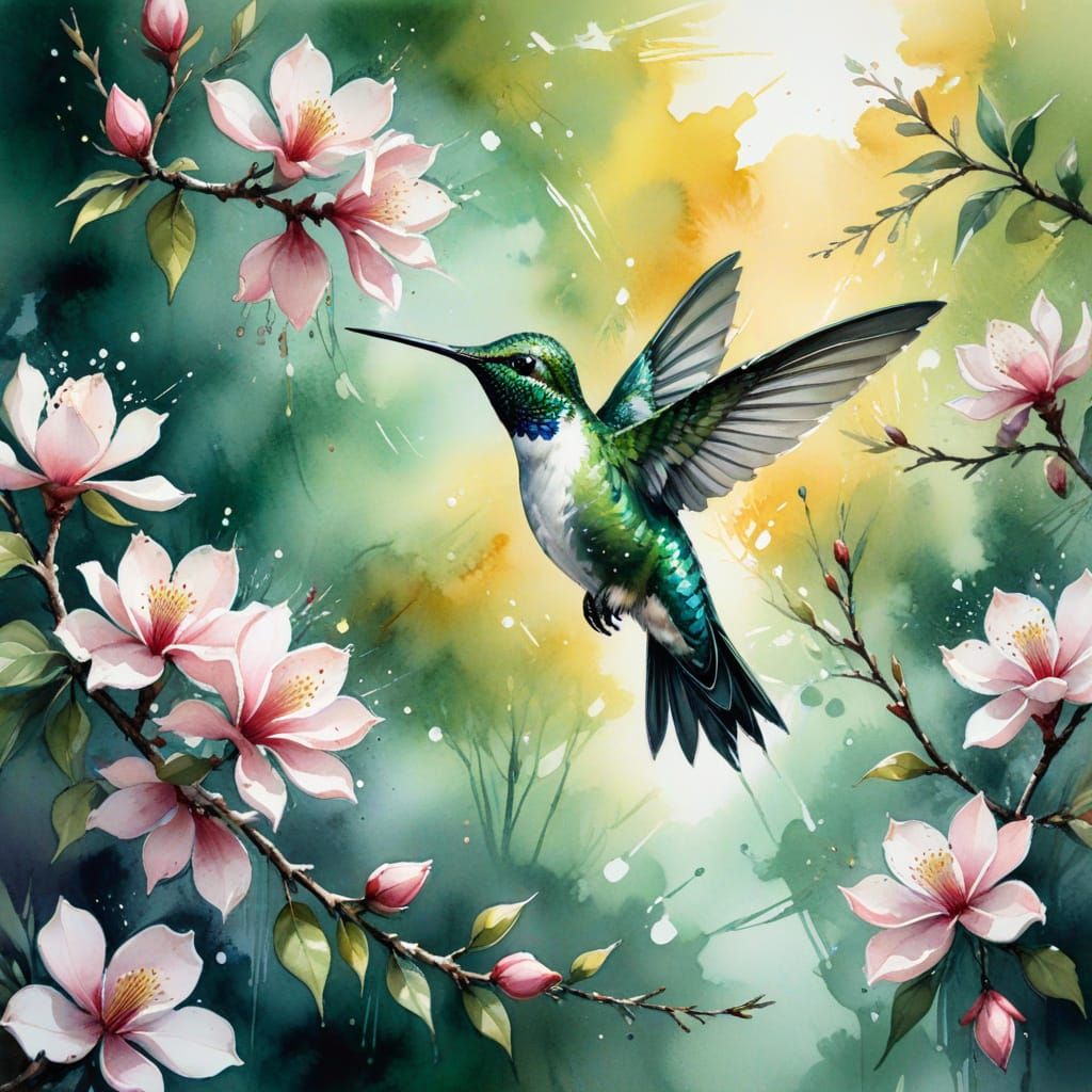 Hummingbird and Magnolia Flowers in Watercolor Style