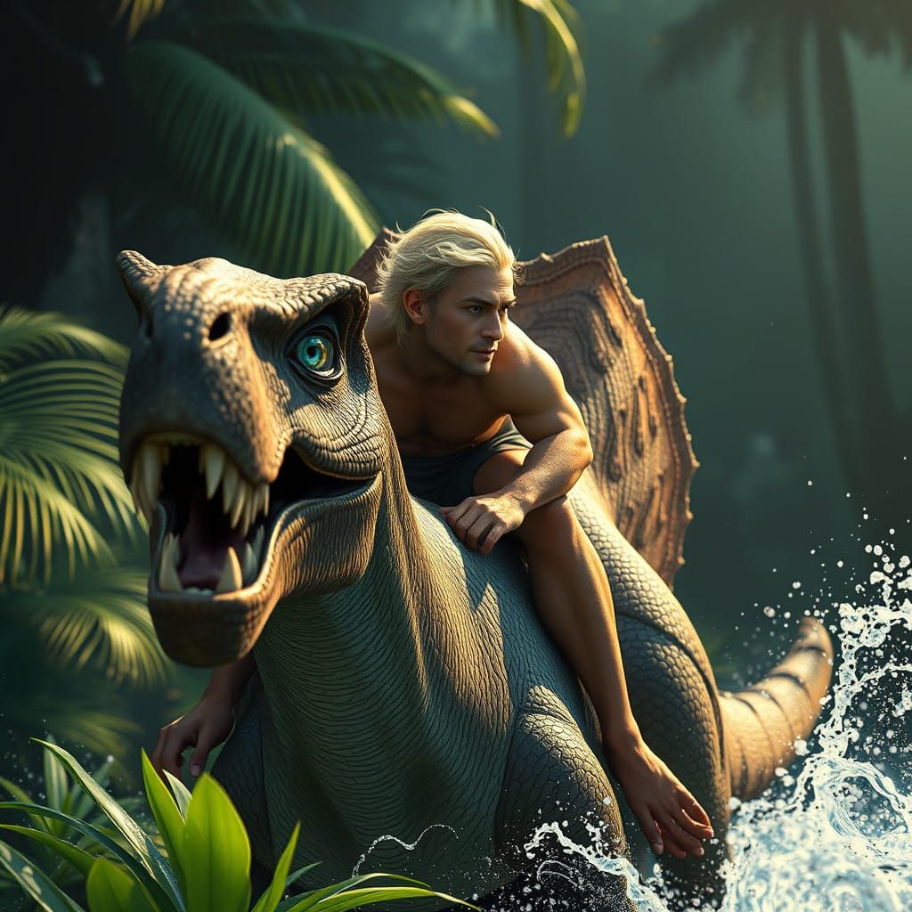 A Charming Blonde Warrior Rides a Majestic Brontosaurus in a...