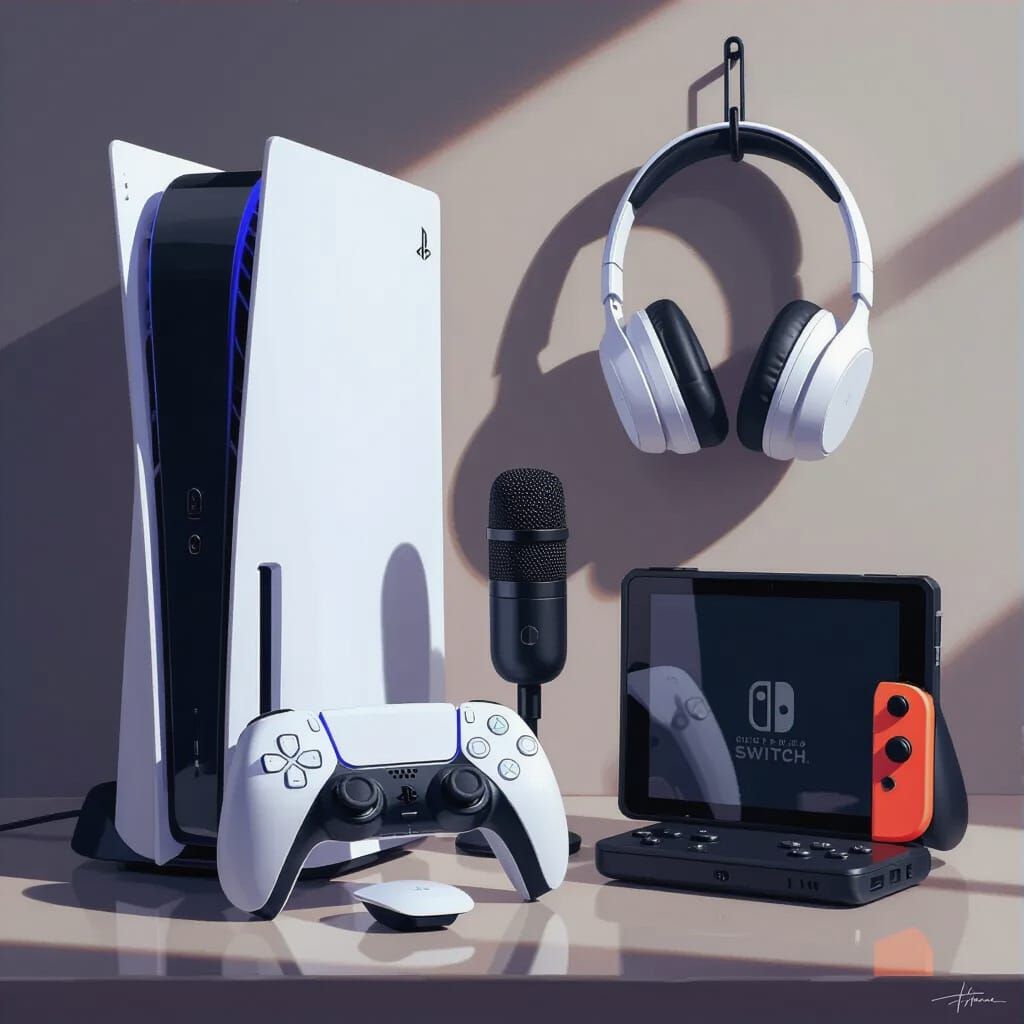 Modern Tech Still Life: PS5, Switch, Mic