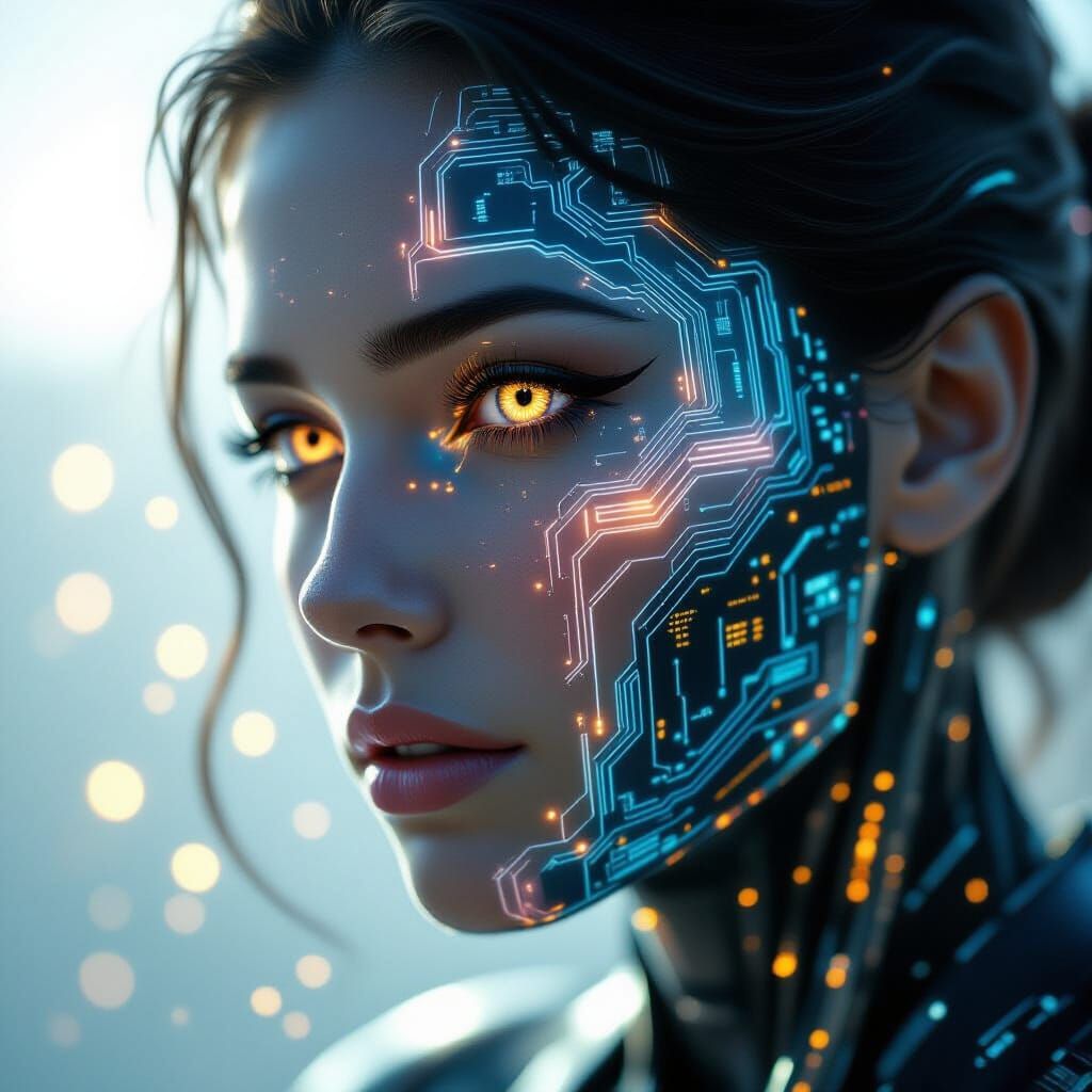 Cyborg Portrait: Translucent Face with Glowing Circuits