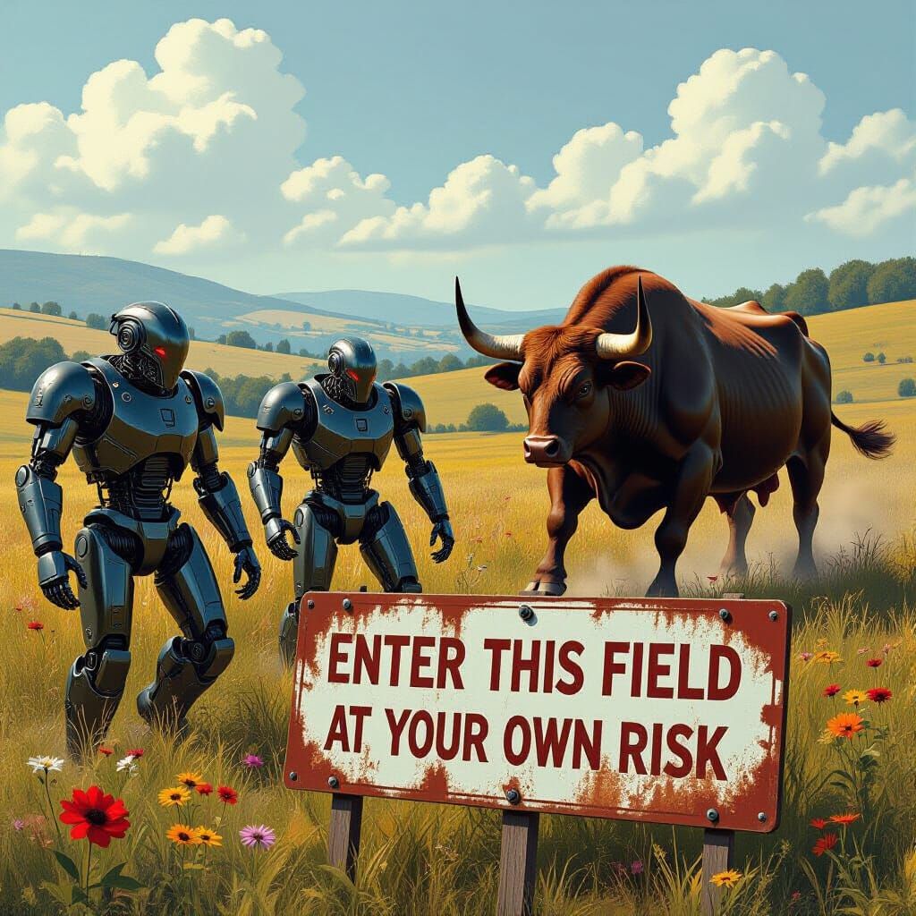 Robots Encounter Charging Bull in Countryside Field