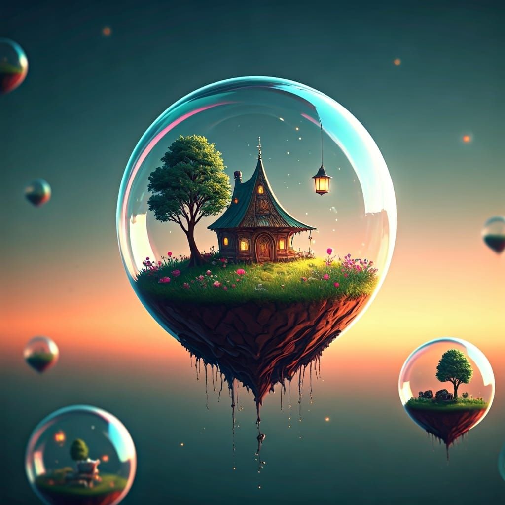 Enchanted Cottage in Iridescent Bubble Dreamscape