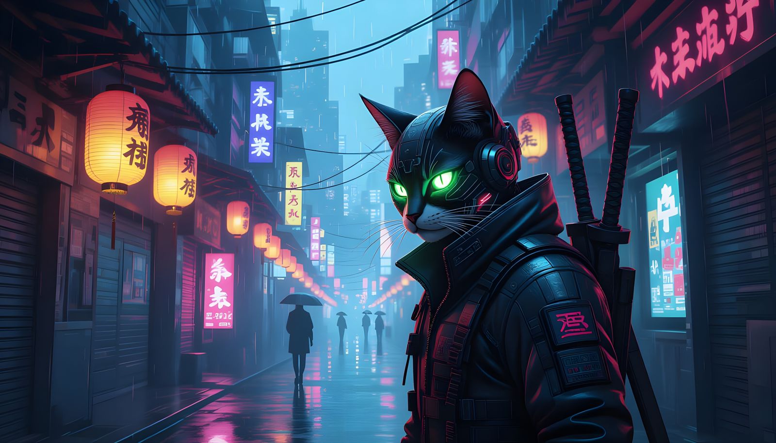 Cyber Ninja Cat in Rain-Slicked Cyberpunk Alley