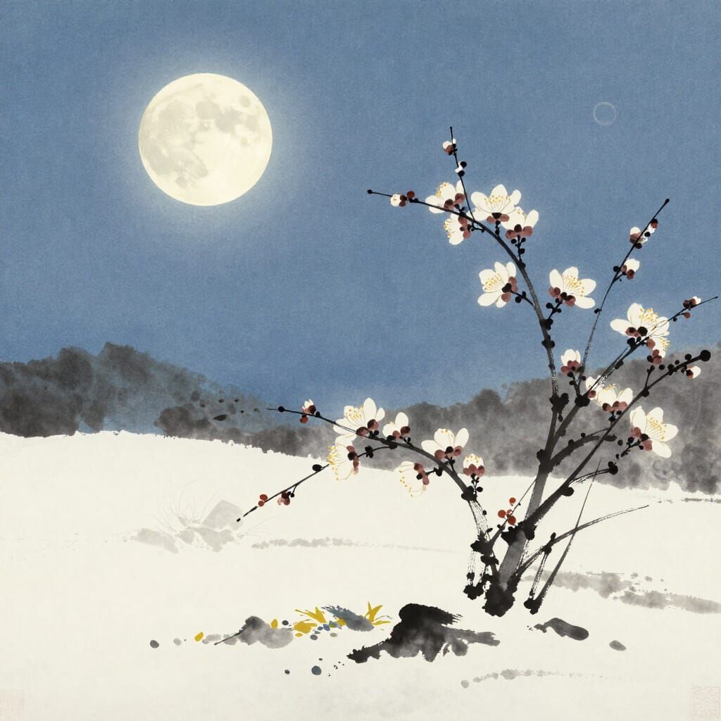 Tranquil Winter Night With Blooming Flowers in Snow