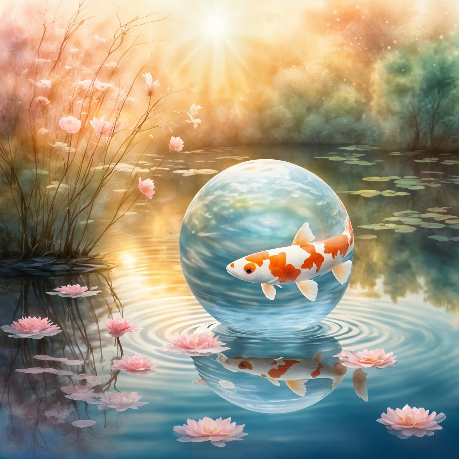 Glowing Orb by Koi Pond at Sunrise
