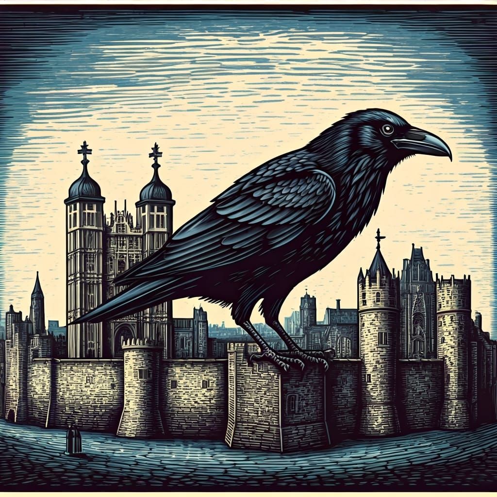 Raven and Tower of London Woodcut