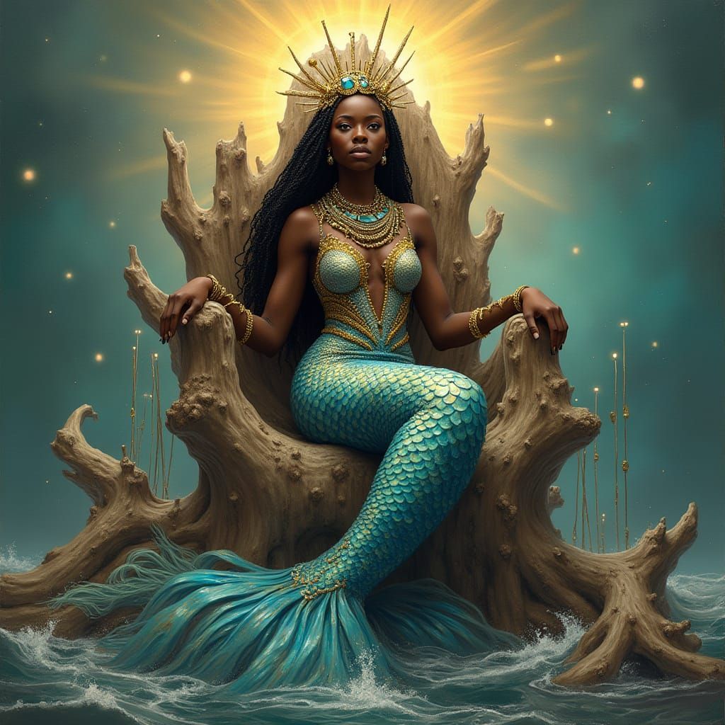 African Mermaid Empress on Driftwood Throne