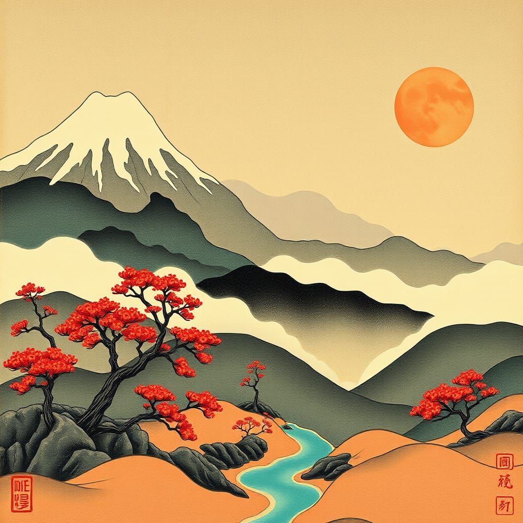 Traditional Japanese Landscape in Ukiyo-e Style