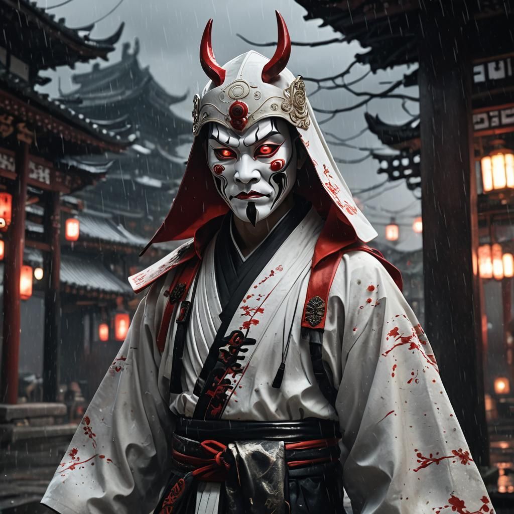 Kabuki Masked Figure Stalking in Rain, 3D Render