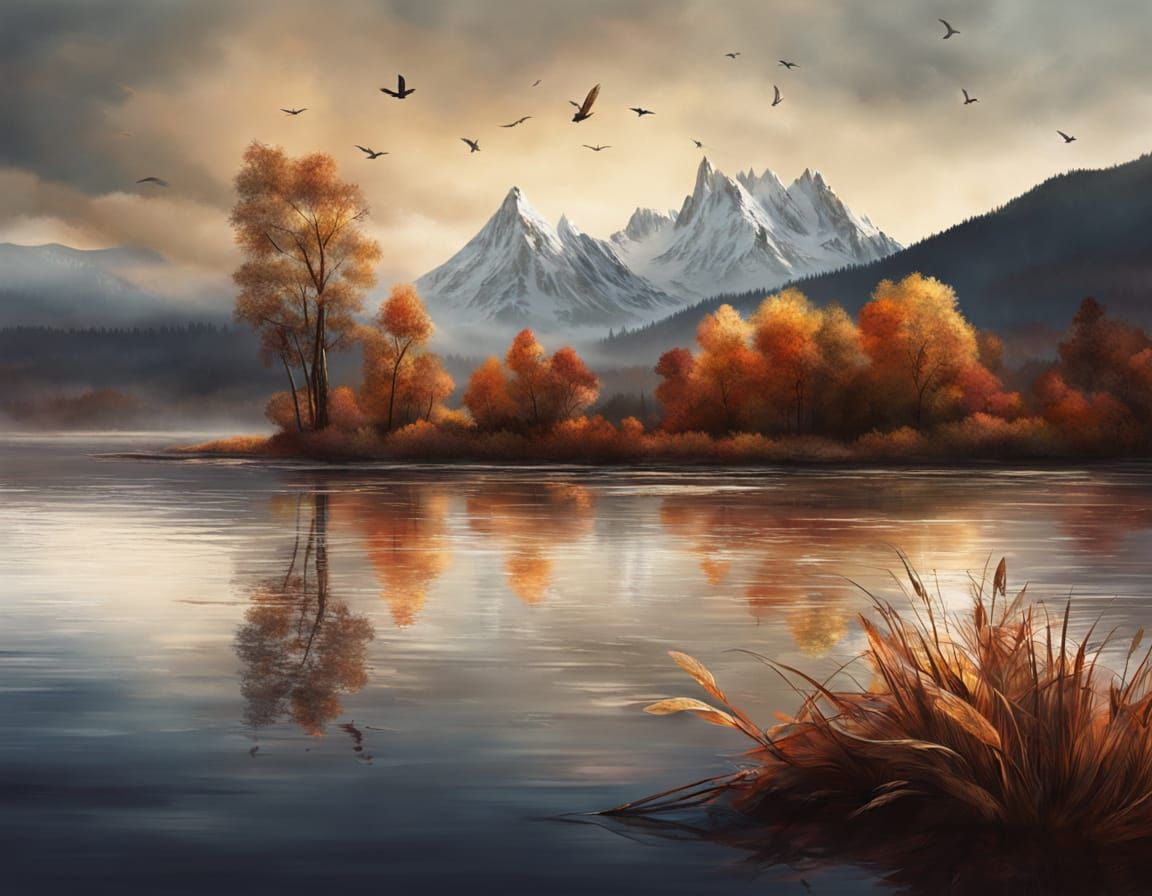 Autumn Landscape on Feather in Surreal Oil Painting