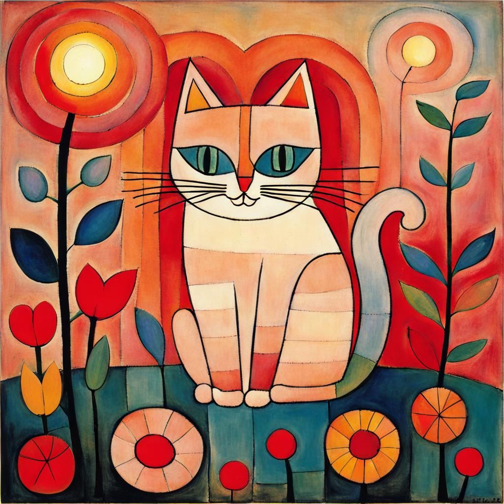 Cute Cat with Flowers, Paul Klee Style