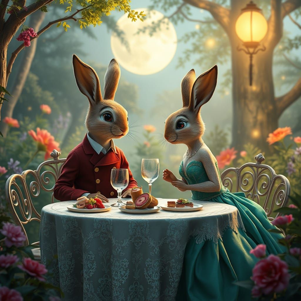 Whimsical Moonlit Bunny Courting in Enchanted Garden