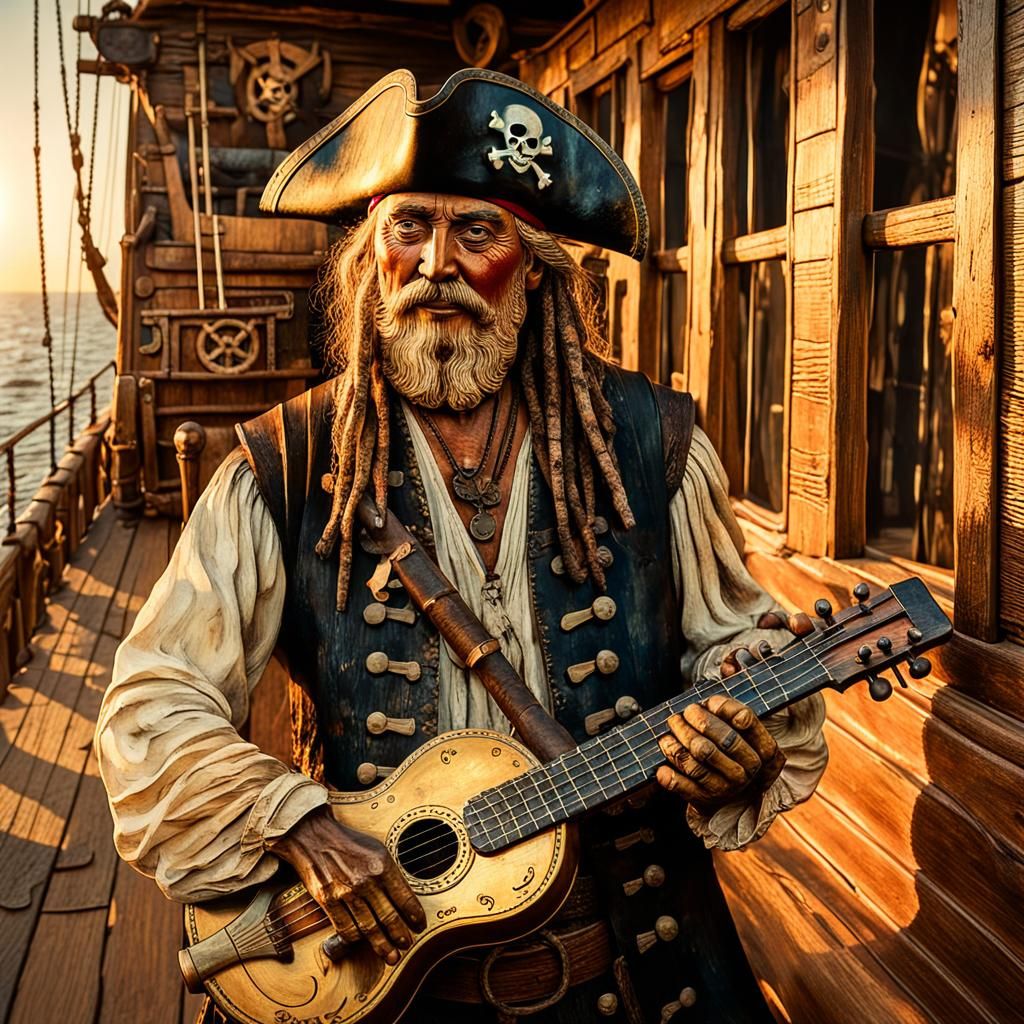 Folk Art Pirate Plays Melodeon on Ship Deck