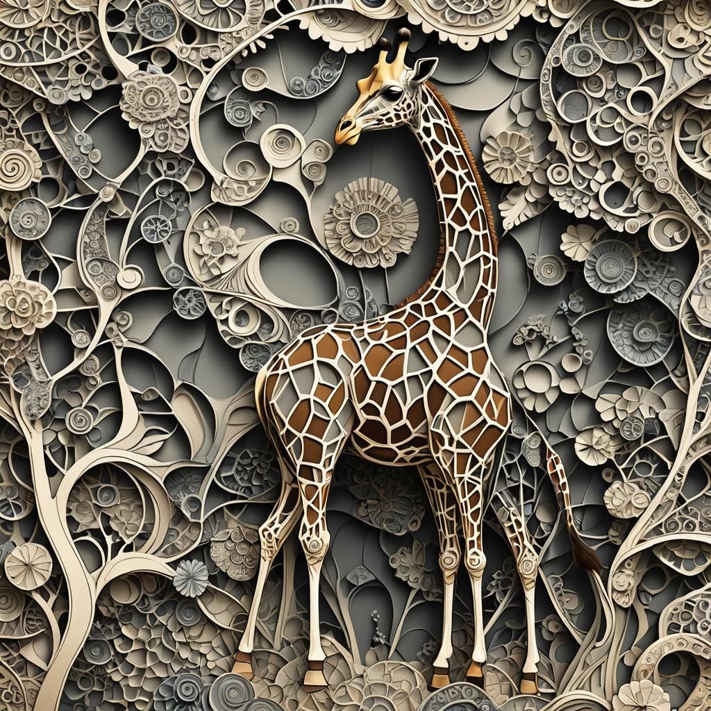 Giraffe in Market with Abstract Fractal Design
