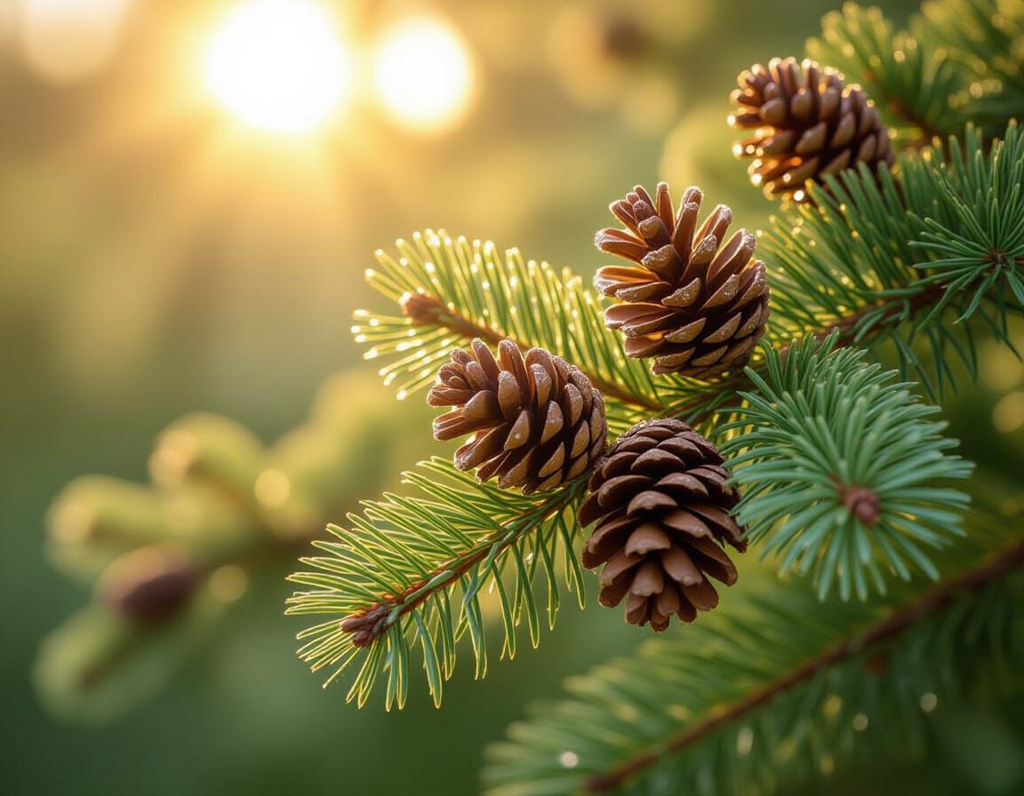 Dew-Kissed Pine Branch in Sunlight: Photorealistic Close-Up