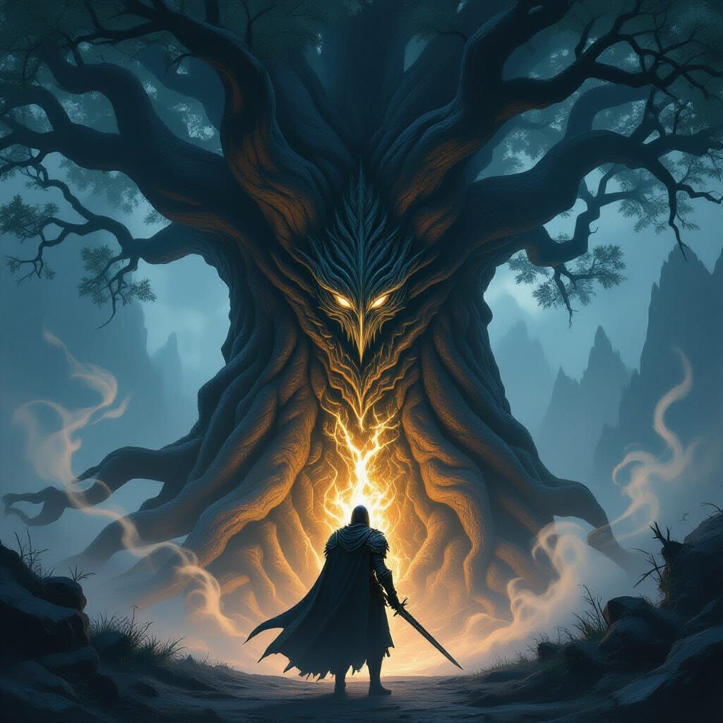 Knight in Obsidian Armor Before Arcane Oak Tree