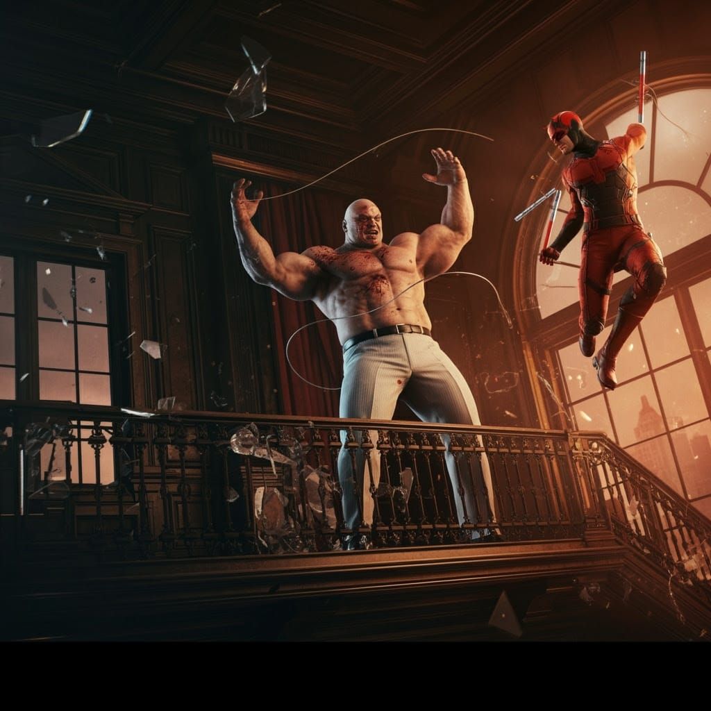 Daredevil versus The Kingpin in a glass shattering brawl