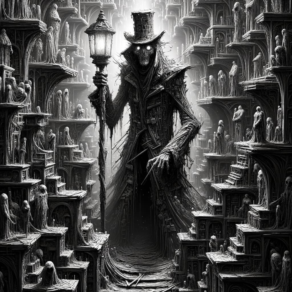 Mysterious Gothic Figure in an Escher-Inspired Labyrinth