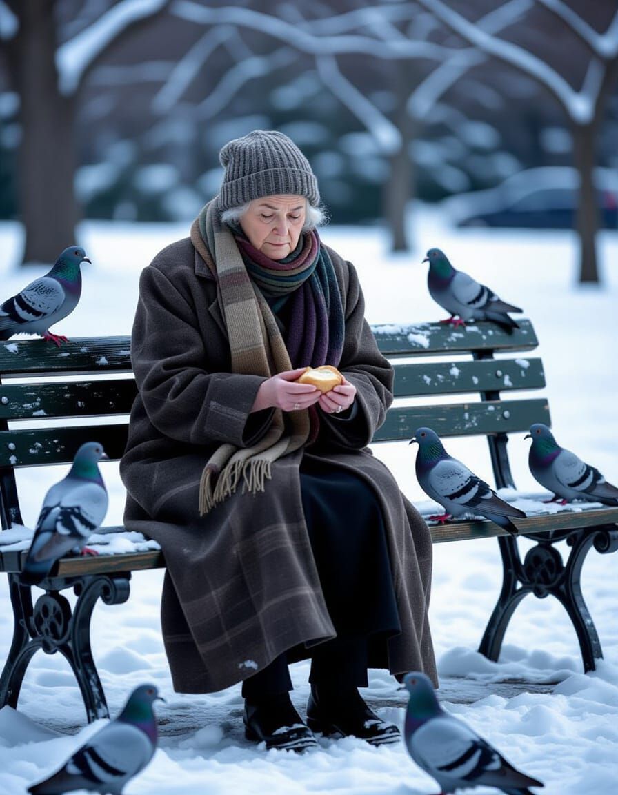 Pigeon Lady's Tender Winter Moment in Central Park