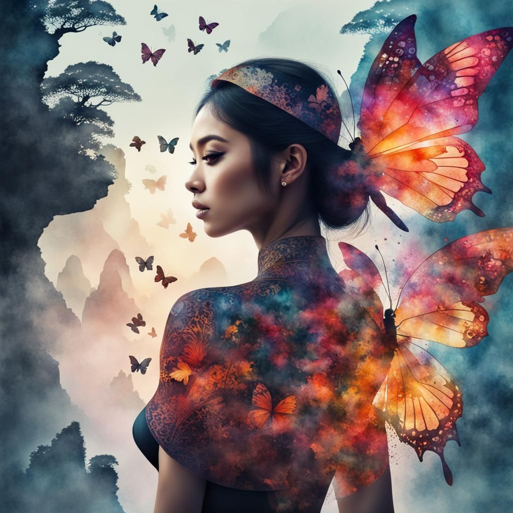 Fantasy Watercolor: Thailand Woman Butterfly Silhouette