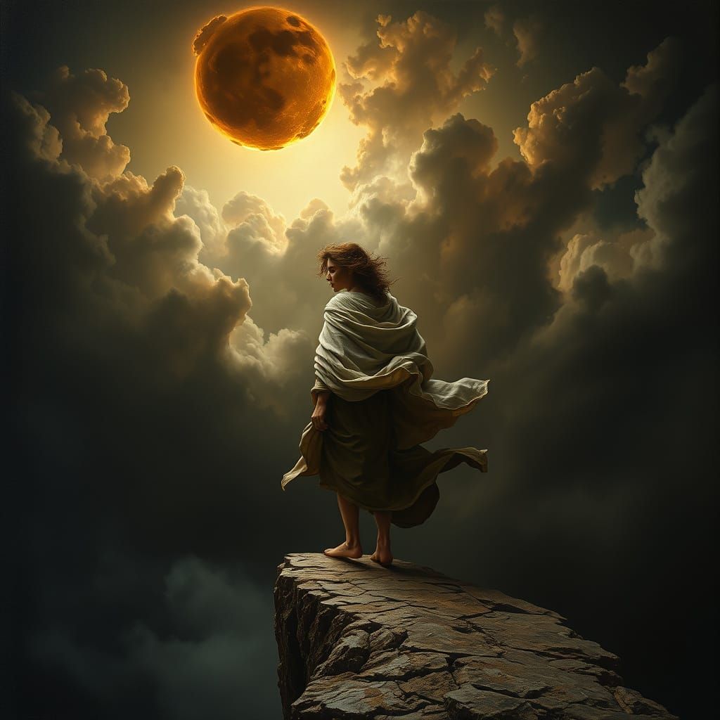 Figure at Cliff Edge with Cosmic Sky, as Baroque Painting