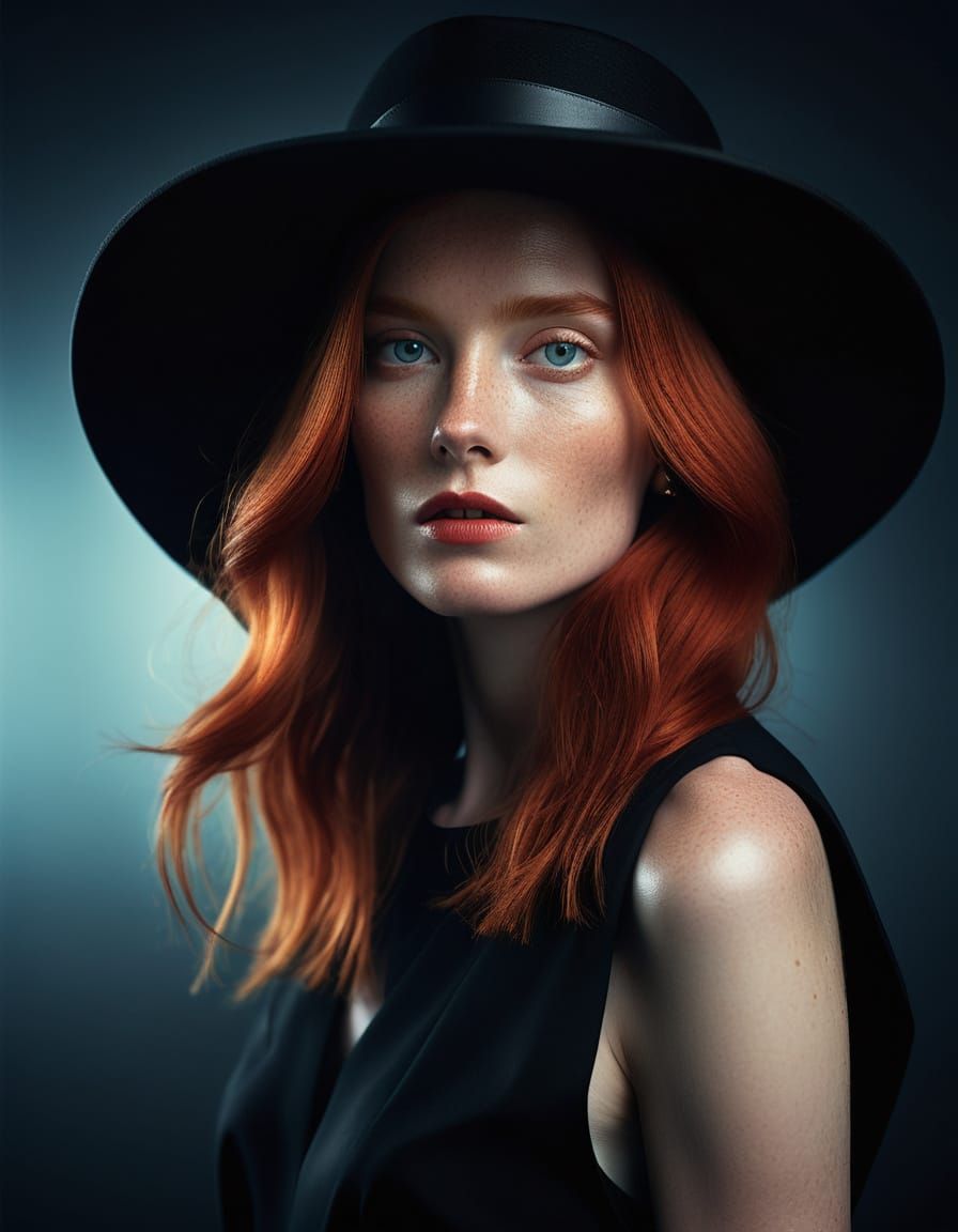 Elegant Redhead in Dramatic Black Hat
