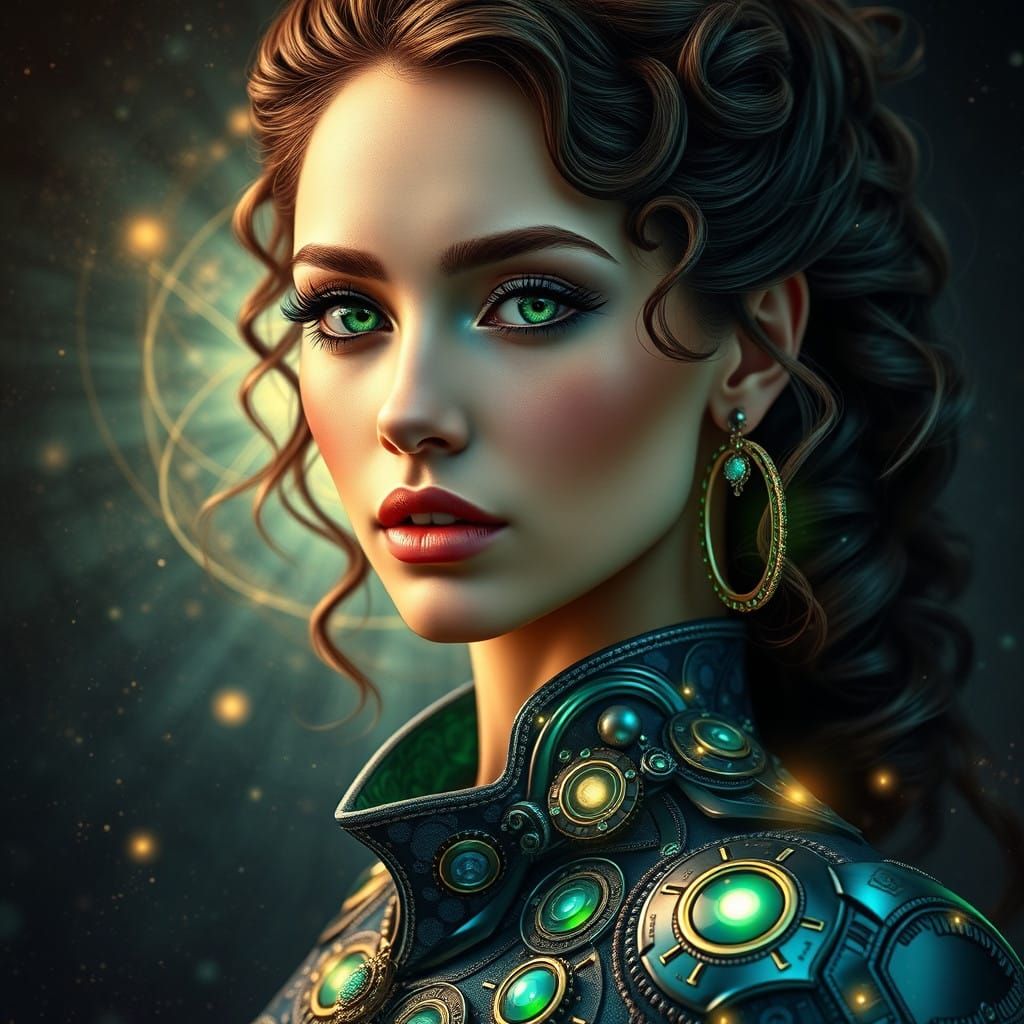 Stunning Woman in Futuristic Haute Couture with Emerald Eyes...