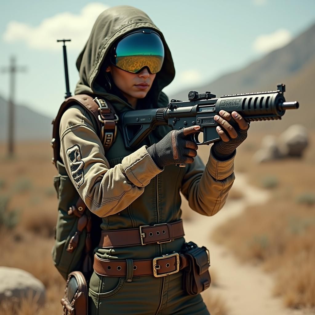 Woman in Post-Apocalyptic Landscape with High-Tech Gear