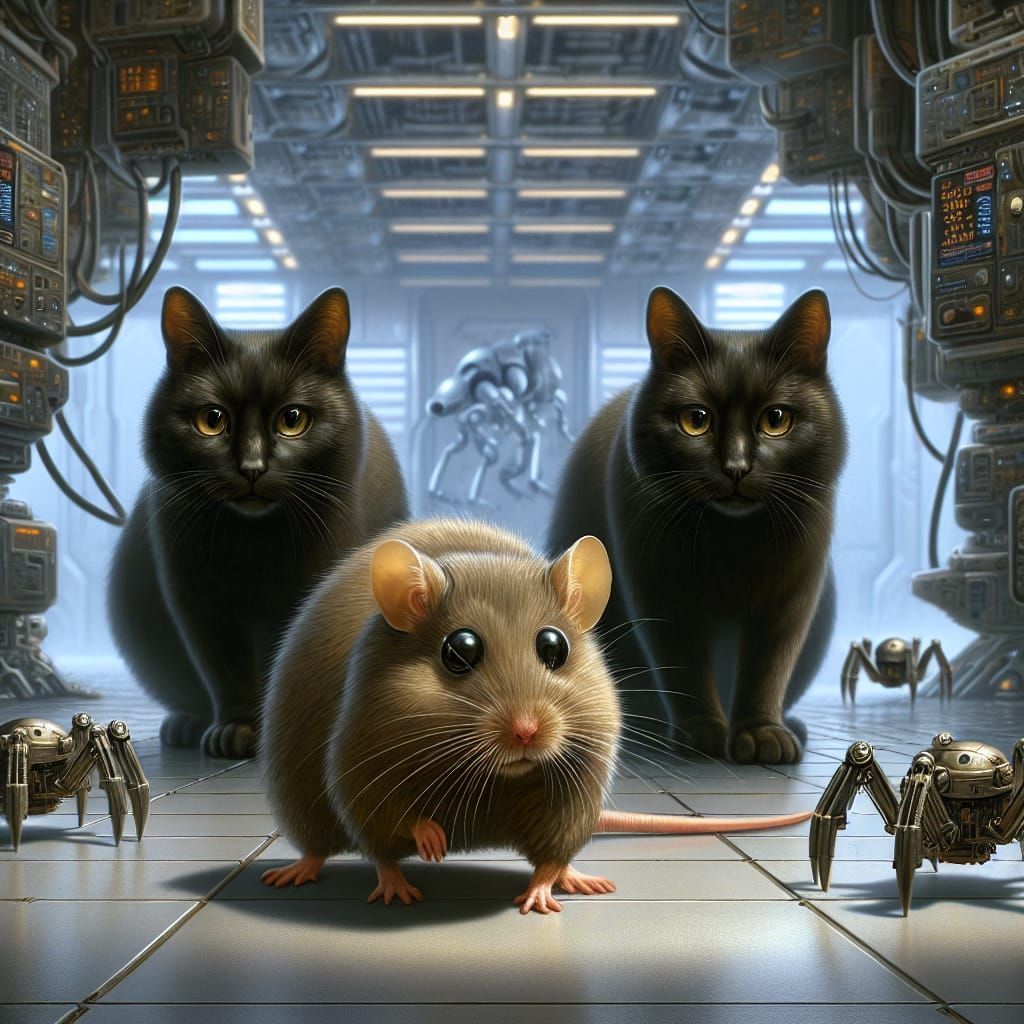 Space Cats Repairing Robots in Sci-Fi Station