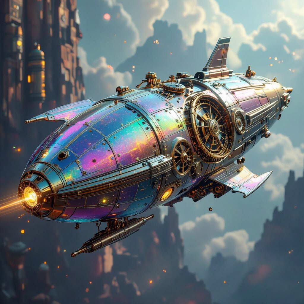 Clockwork Spaceship Soaring Through Nebula Sky