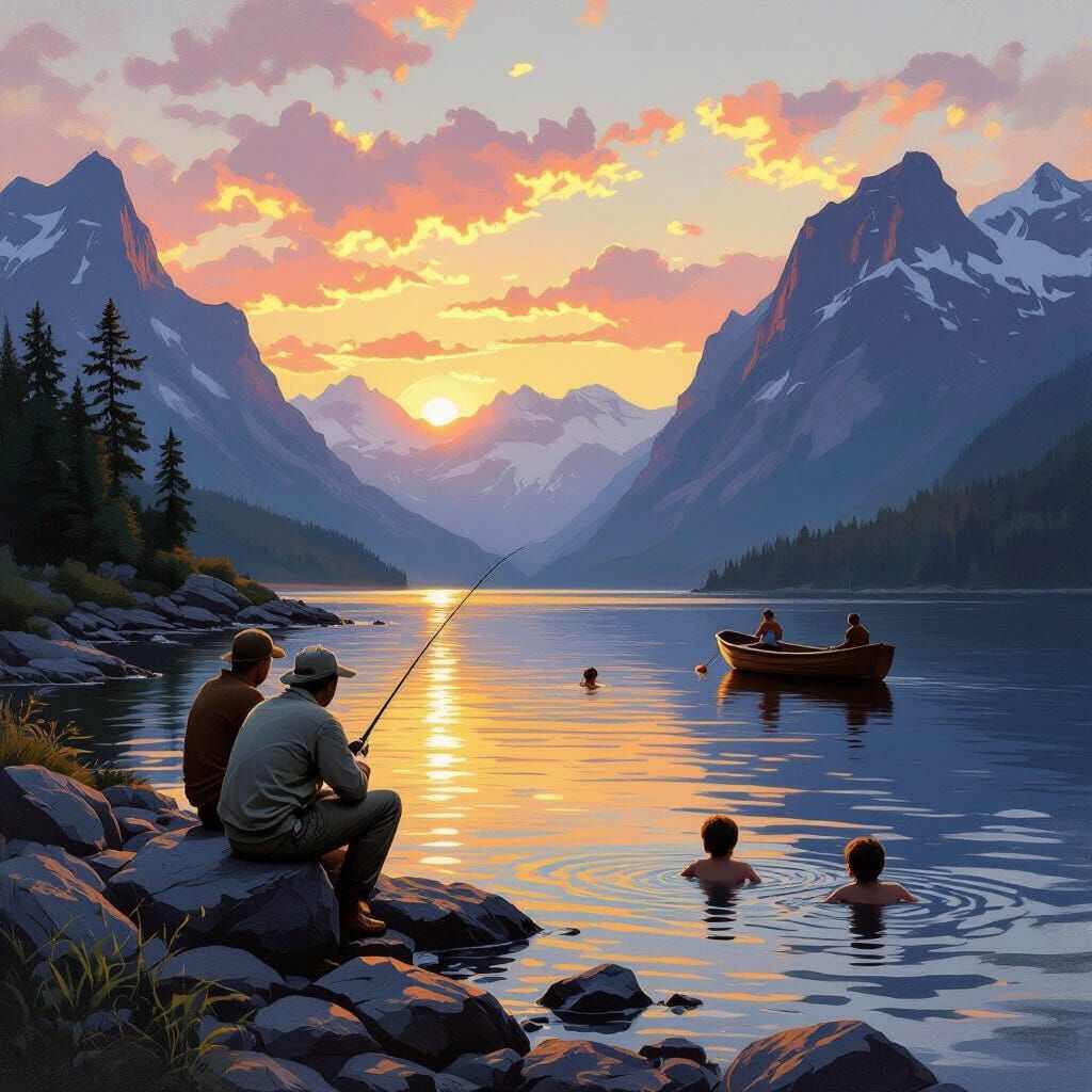 Men Fishing by Mountains at Sunset, Kids Swimming