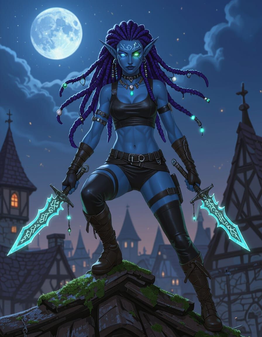 Elf Rogue on Rooftop Under Moonlit Sky
