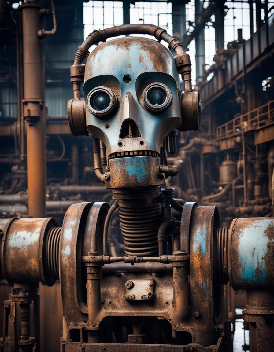 Lamenting Robot Portrait in Dystopian Factory