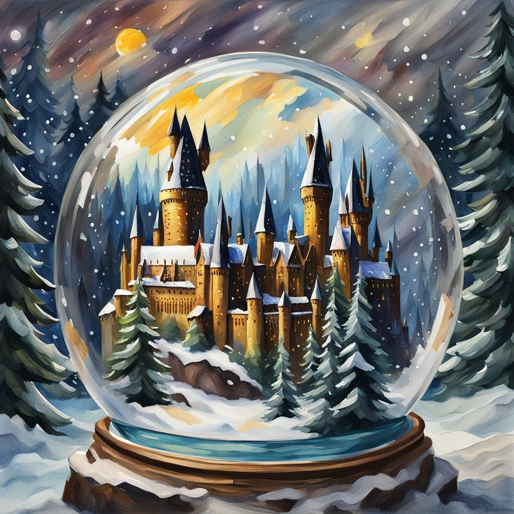 Hogwarts in Snow Globe: Gouache Watercolor Painting
