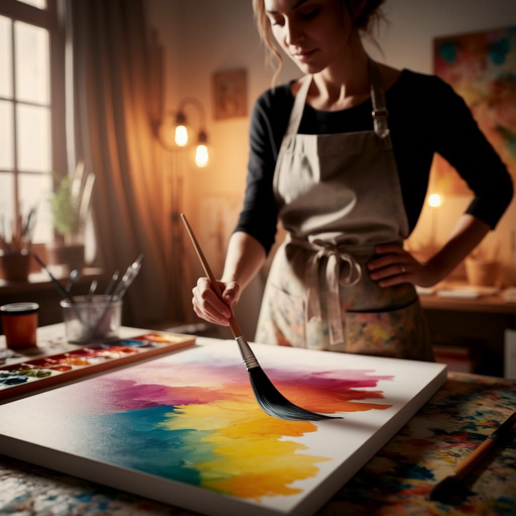 Talented Artist Captured in Warmly Lit Studio in a Vibrant I...