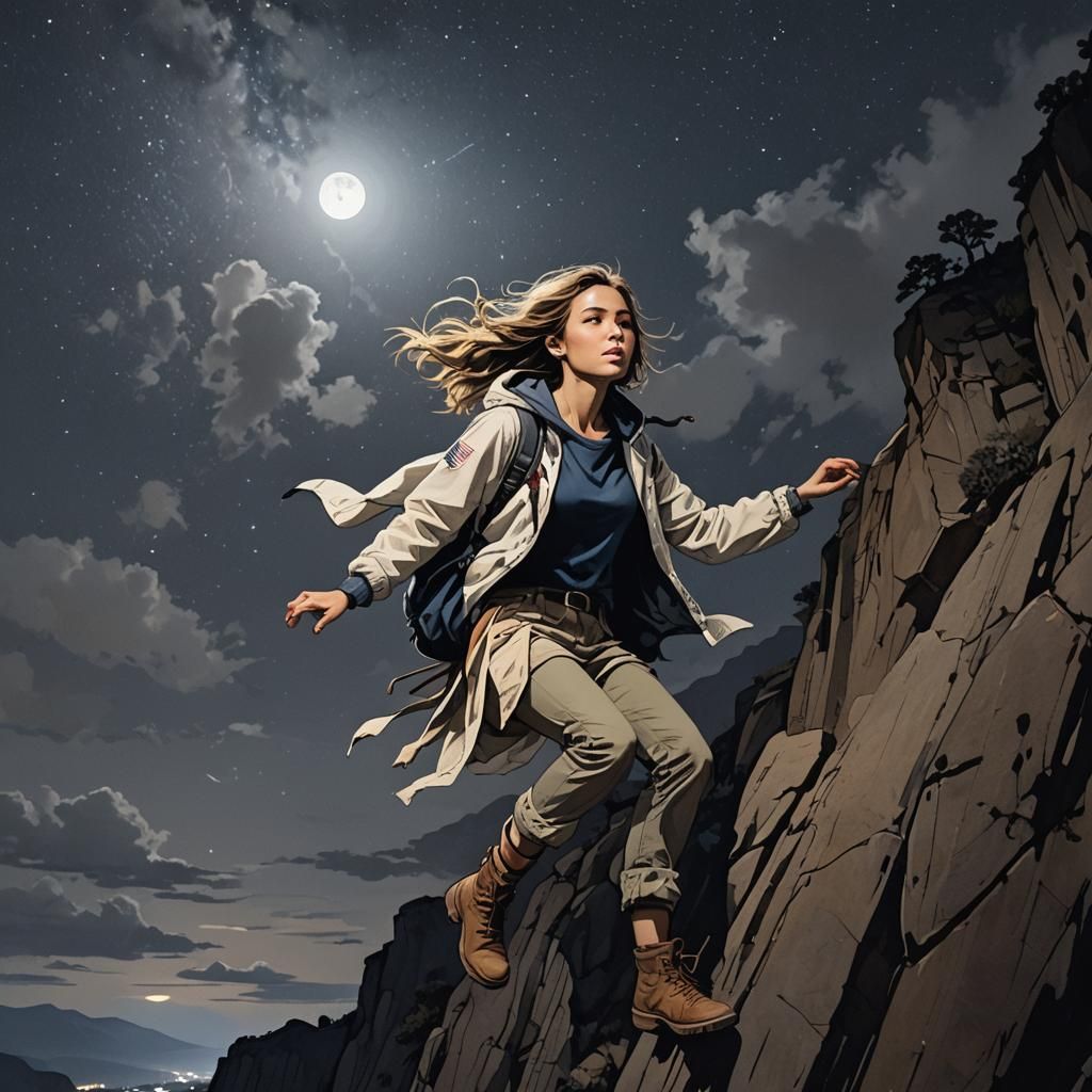 Girl on Cliff at Night in Fantasy Art Style