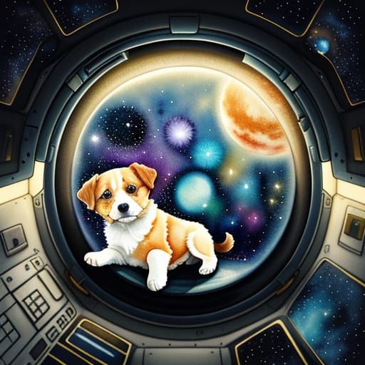 Whimsical Watercolor Puppy in Space