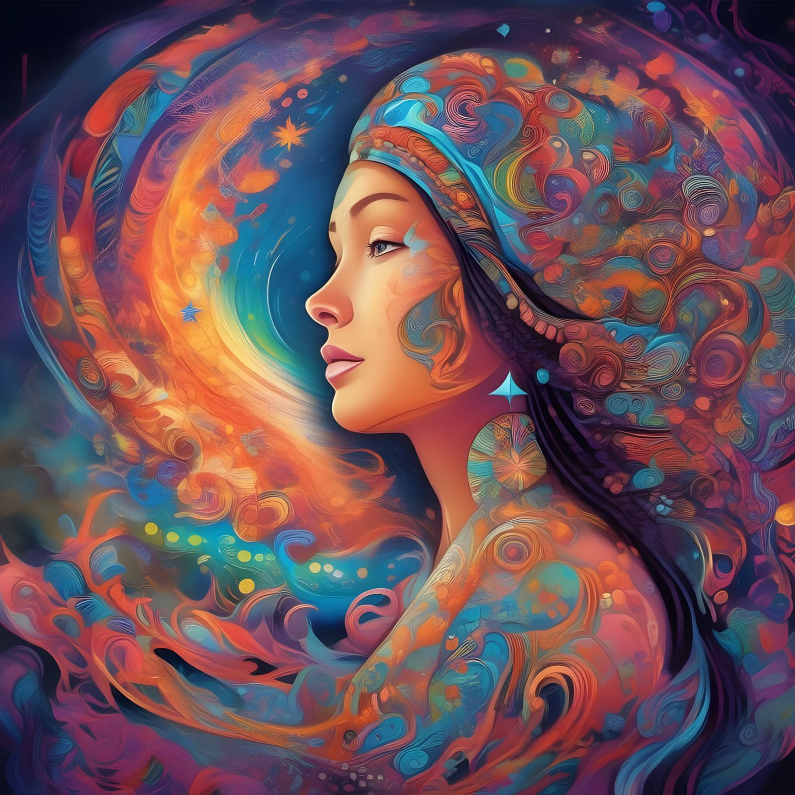 Native American Woman Gazing at Nebula in Storybook Style