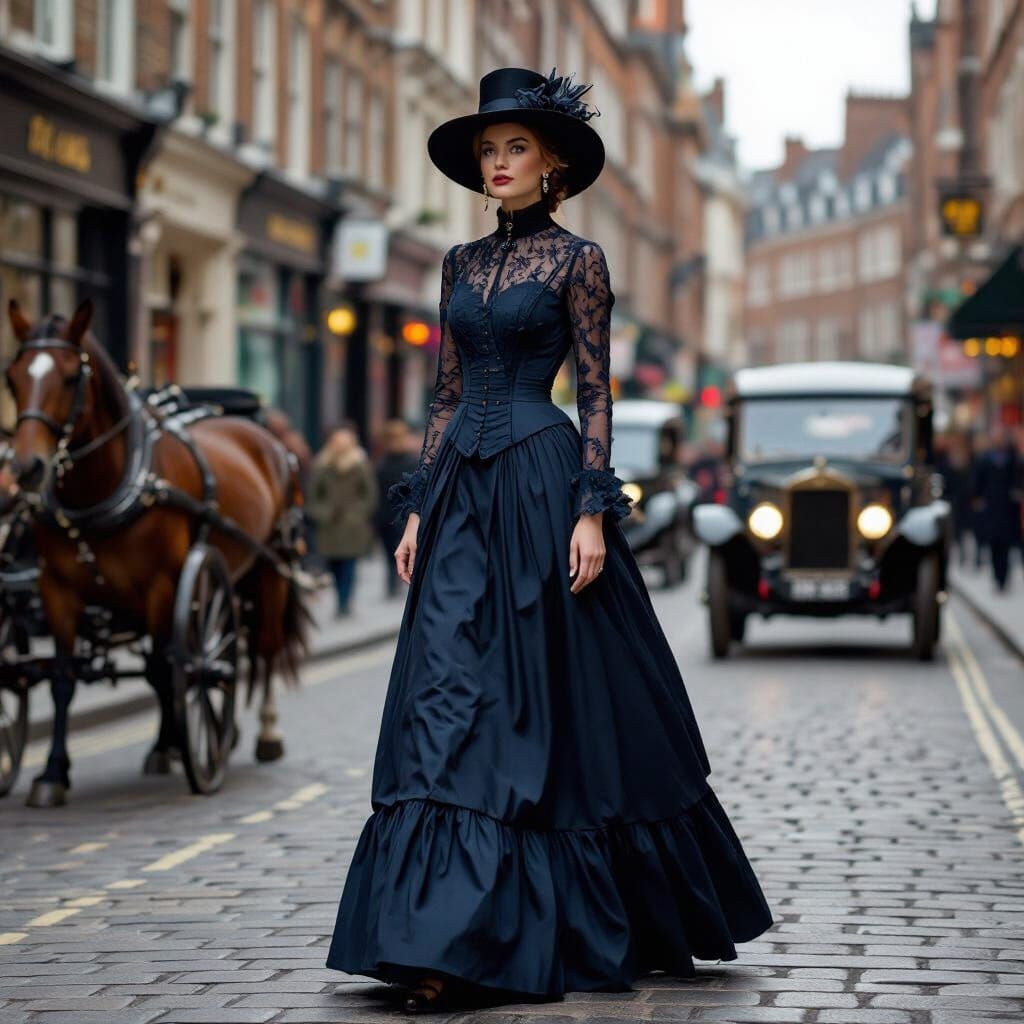 Victorian London Street Scene with Futuristic Cars