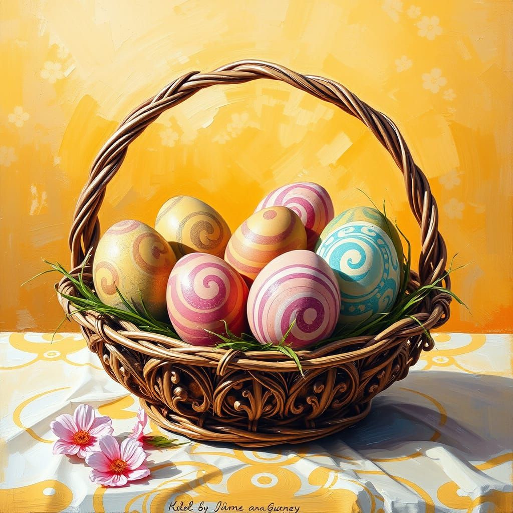 Whimsical Easter Eggs in an Ornate Basket