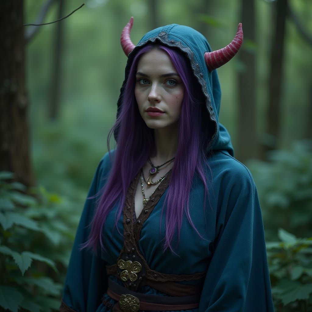 Tiefling Druid in Earthy Tones: Cinematic Film Still