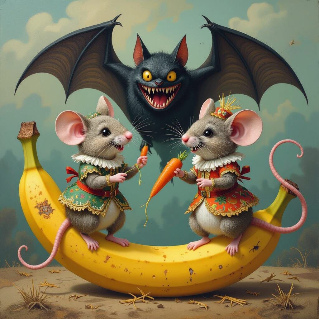 Whimsical Dancing Mice Eat Carrot in Surreal Abstract Painti...