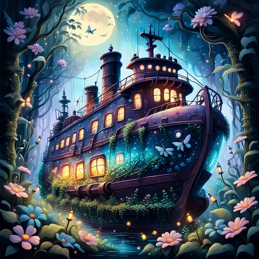 Ship in a Bottle Graffiti Art with Fireflies
