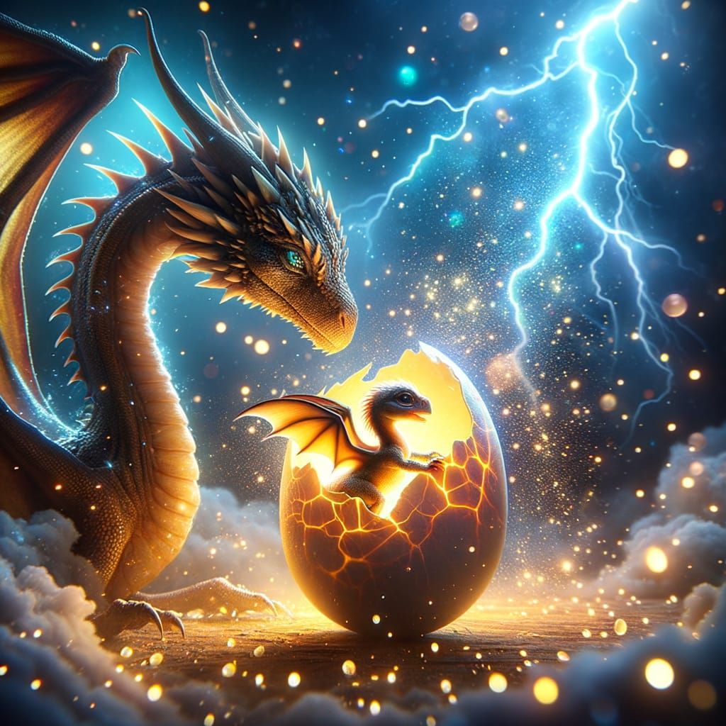 Mother Dragon and Hatchling in Fantasy Lightning Storm