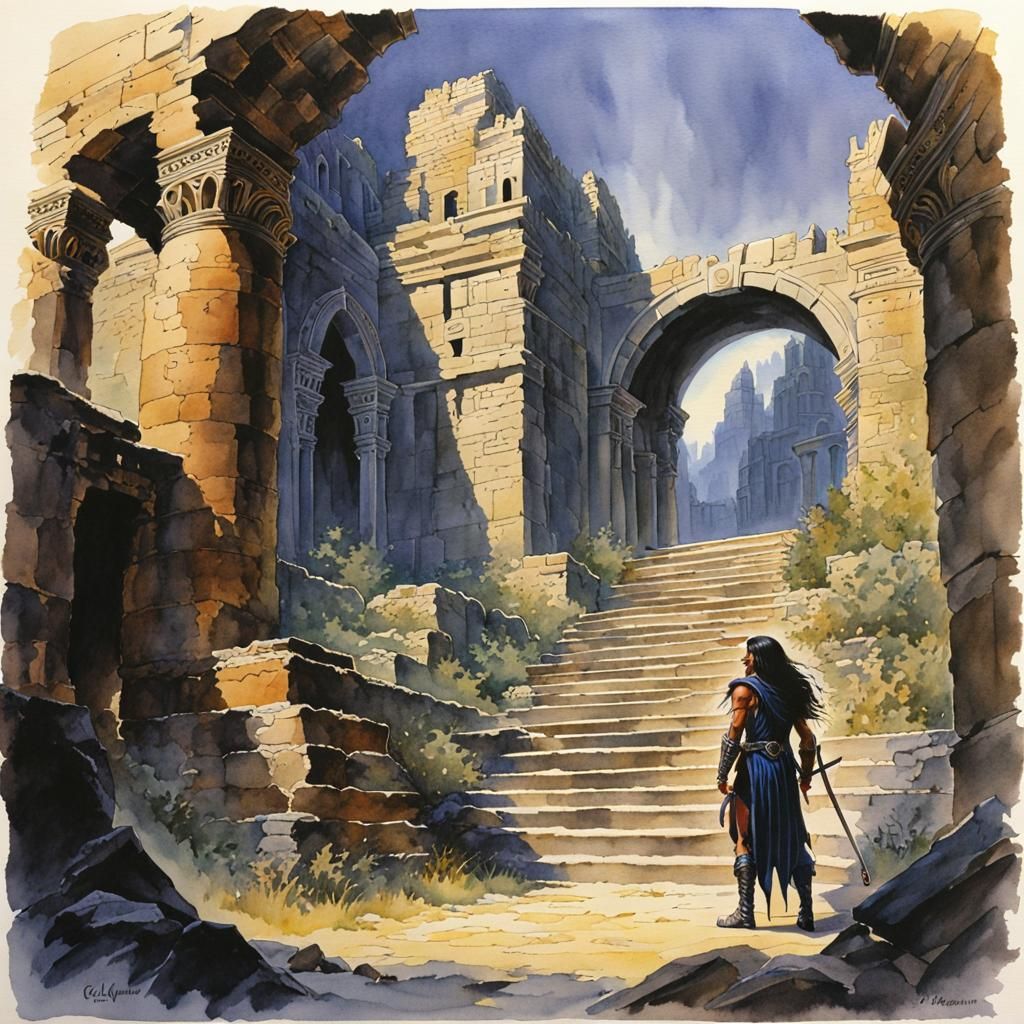 Dark Elf Warrior in Watercolor Ruins