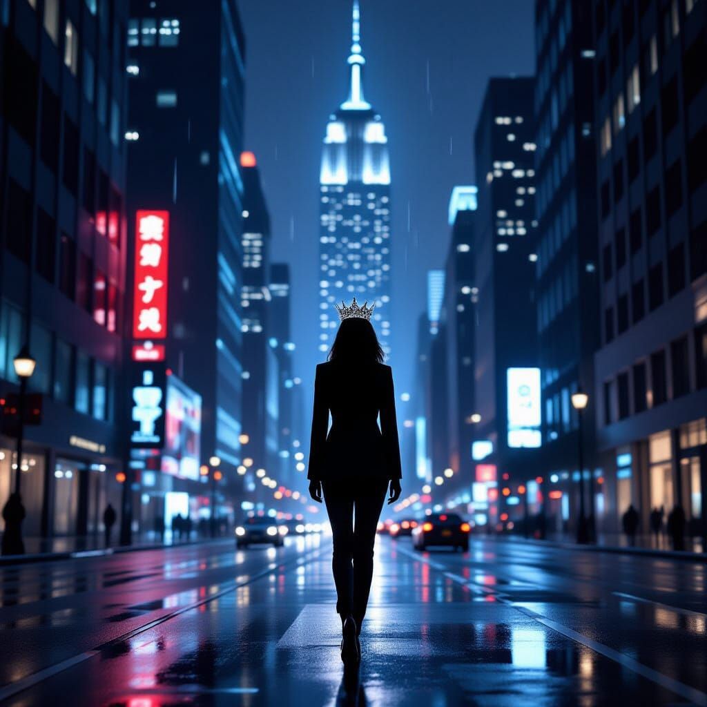 Businesswoman Silhouette in Neon Cityscape