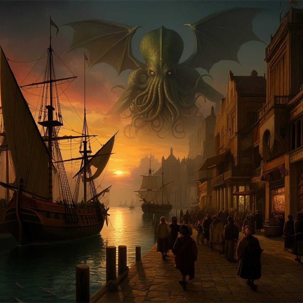 Renaissance Harbor Scene with Cthulhu's Ominous Presence