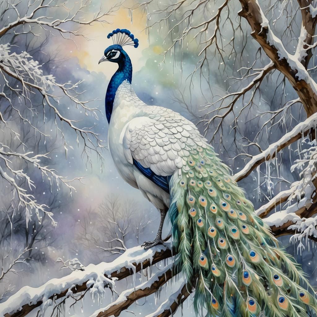 Icy White Peacock in Dreamy Victorian Gouache Style