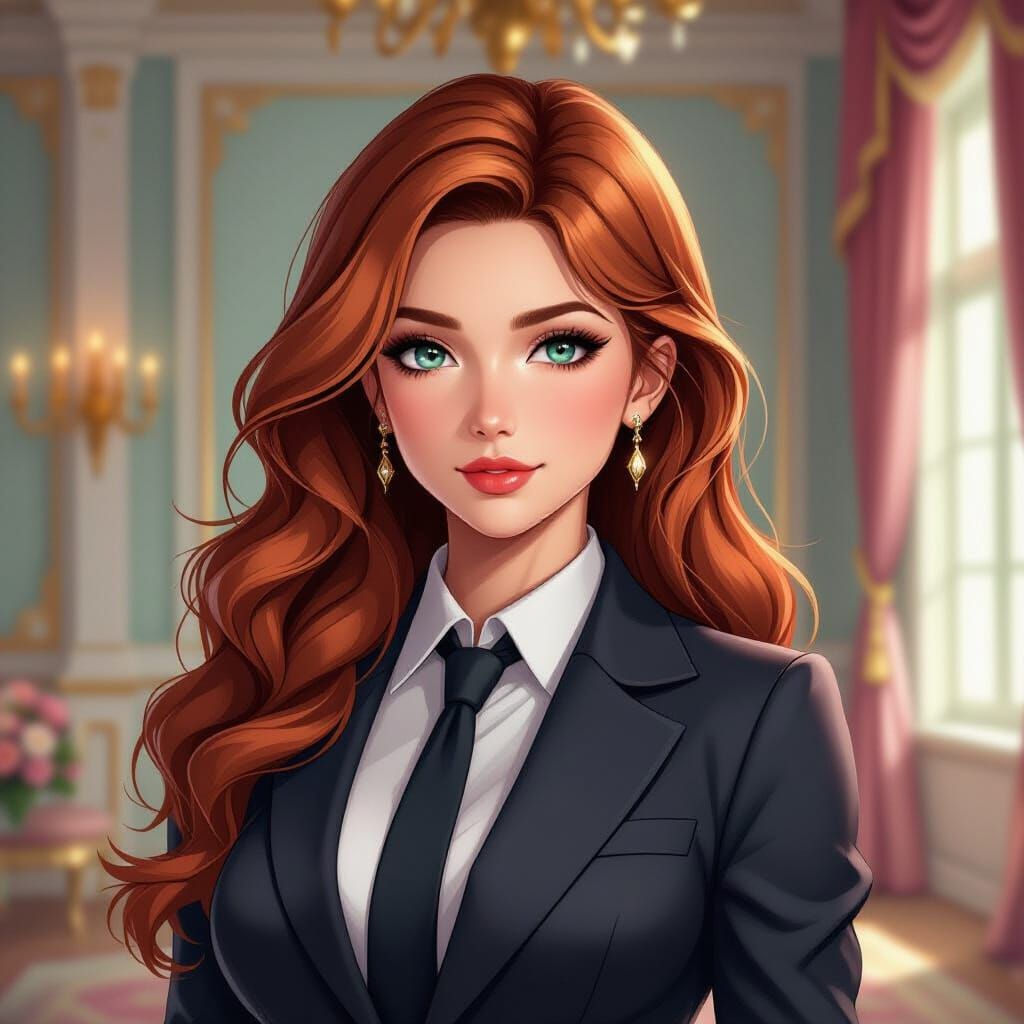 Determined Woman in Elaborate Suit, Anime Wallpaper Style